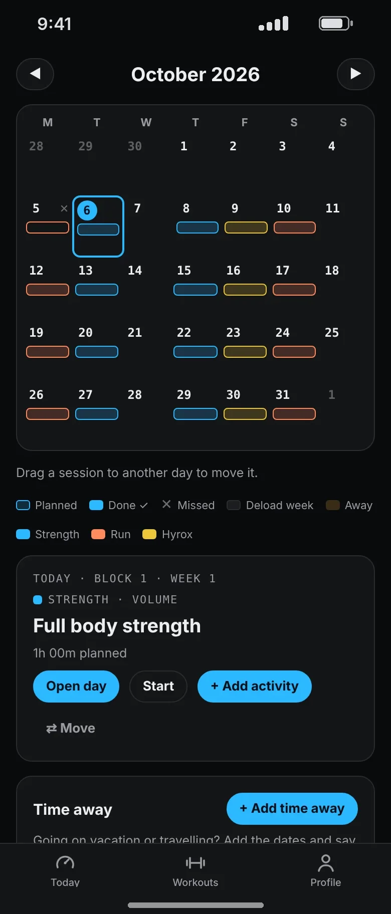 A month calendar with planned runs, strength and Hyrox sessions in color on their days.