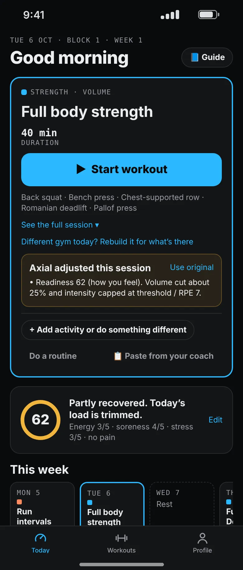 Today screen after a rough check-in: readiness 62, load trimmed, the full body strength session cut to 40 minutes with a note saying volume is down about 25%.