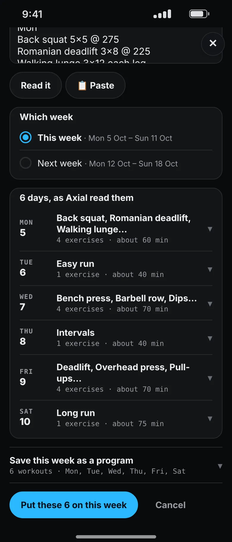 The paste screen for a coach’s plan: six days read from a pasted week, from Monday’s squat day to Saturday’s long run, with a button to put them on this week.