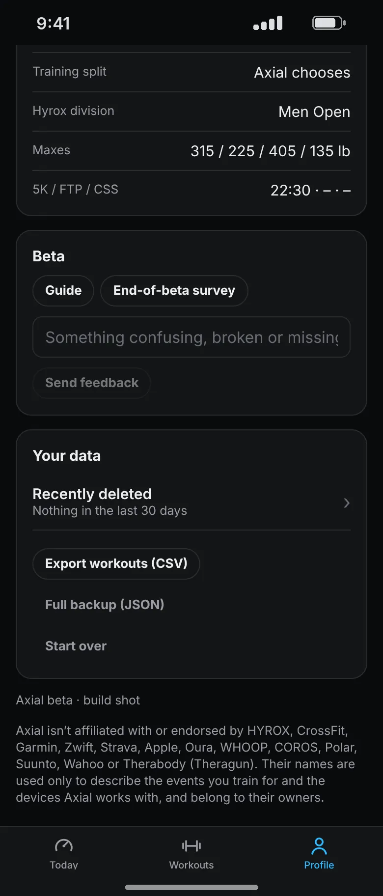 The Your data card in Profile with Recently deleted, Export workouts as CSV and Full backup as JSON.