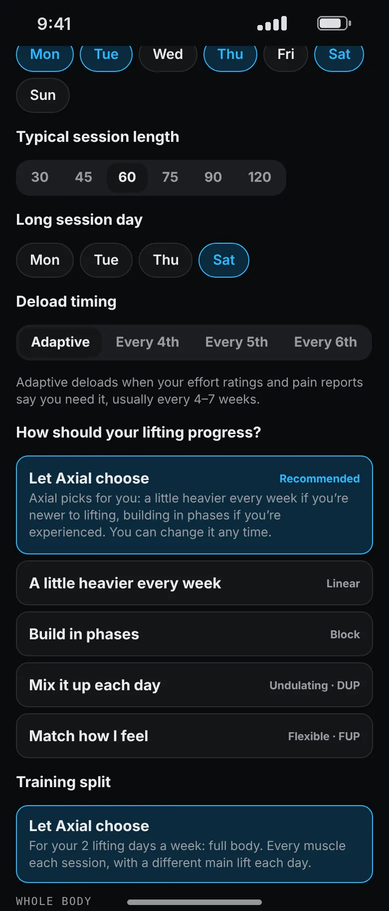 The plan setup screen with Deload timing set to Adaptive and the options Every 4th, Every 5th and Every 6th, above the choice of how lifting progresses.