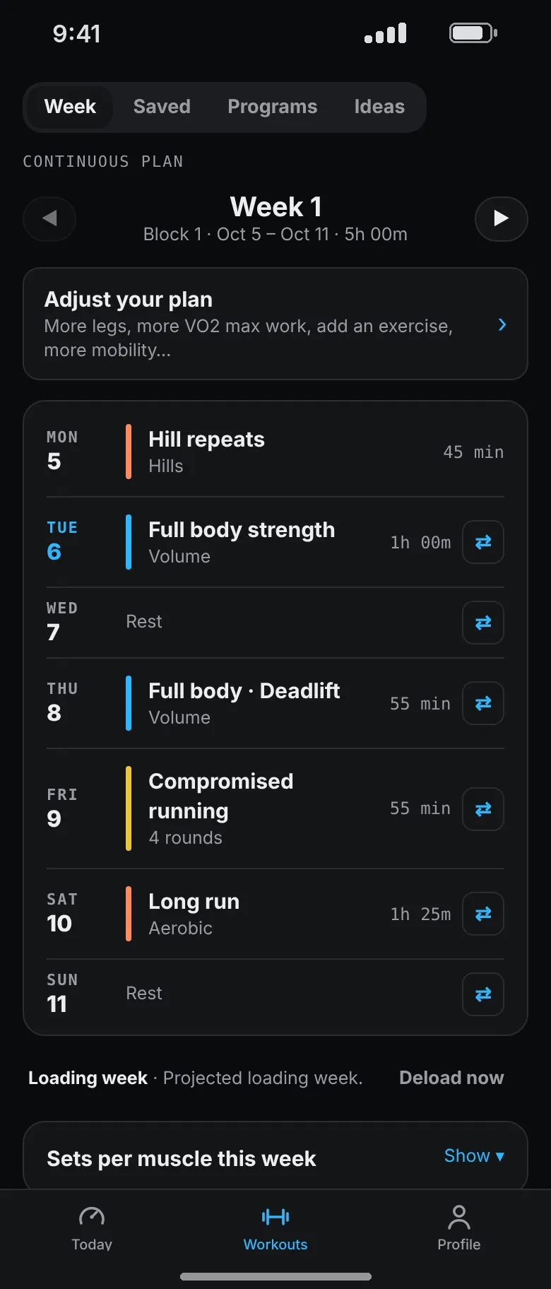 Week 1 of a plan, five hours in total: hill repeats, full body strength, a deadlift day, compromised running and a long run, with a Deload now button under the week.