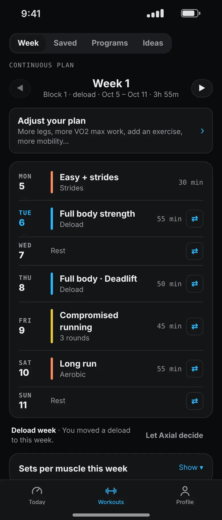 The same week as a deload, 3 hours 55 minutes in total: easy running with strides, shorter strength days, three Hyrox rounds and a 55 minute long run.