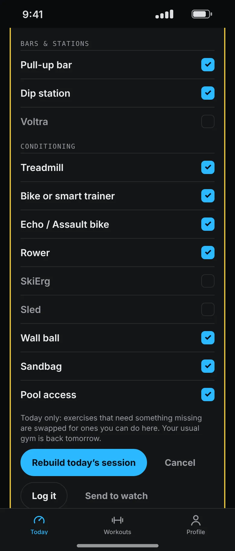 The equipment list for a different gym today, with the SkiErg and sled unticked and Rebuild today’s session below.