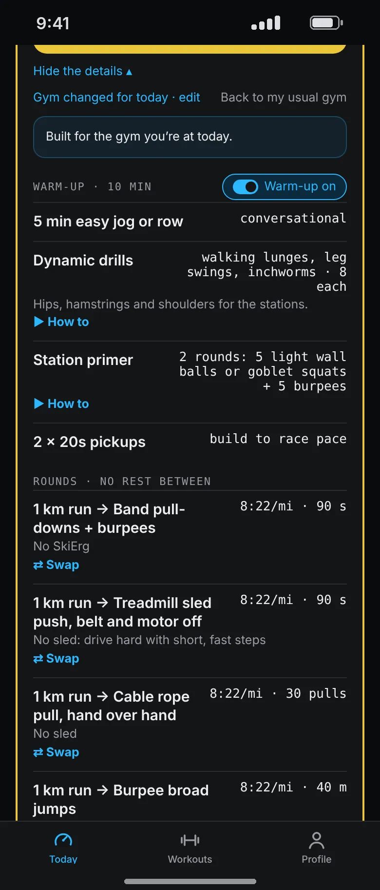 The same Hyrox session rebuilt: band pull-downs with burpees, a treadmill sled push with the belt off, and a cable rope pull, each noting what is missing.