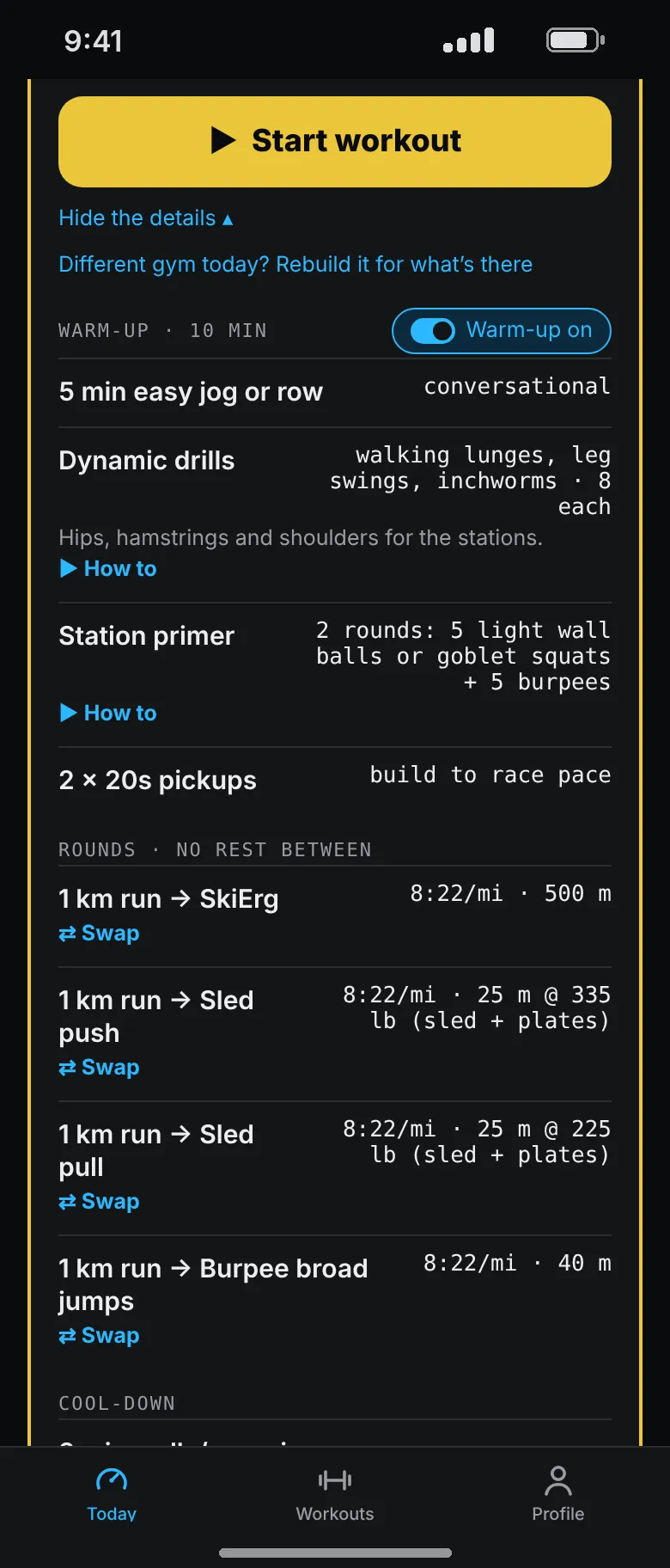 A Hyrox session’s rounds: a 1 km run into the SkiErg, sled push at 335 pounds, sled pull at 225 pounds and burpee broad jumps.