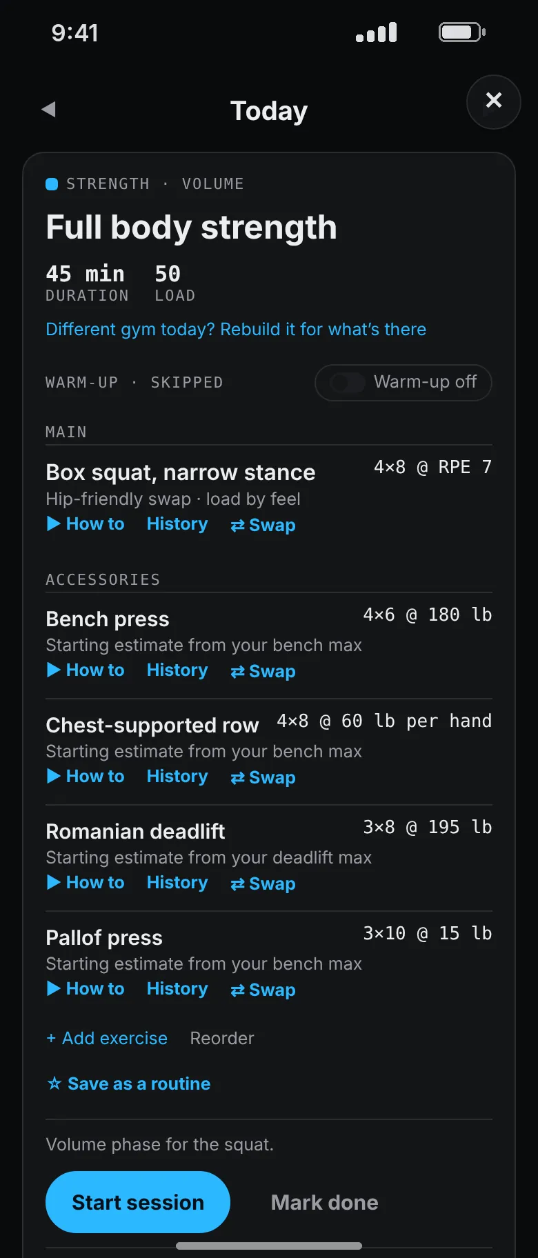 The same session with a hip limit: the back squat is replaced by a narrow-stance box squat, marked as a hip-friendly swap with the load set by feel.