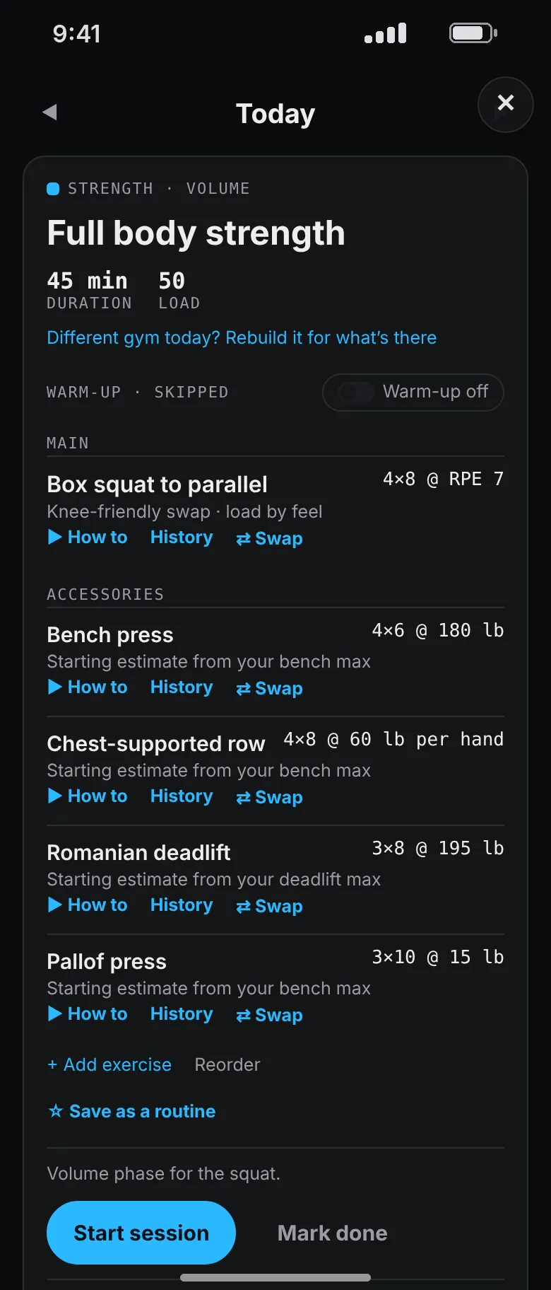 The same session with a knee limit: the back squat is replaced by a box squat to parallel, marked as a knee-friendly swap with the load set by feel.