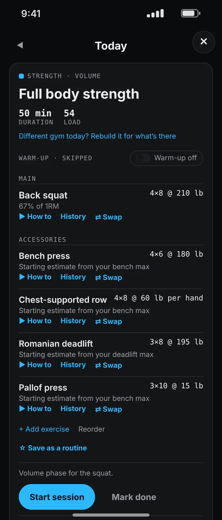 A full body strength session whose main lift is the back squat, 4 sets of 8 at 210 pounds.