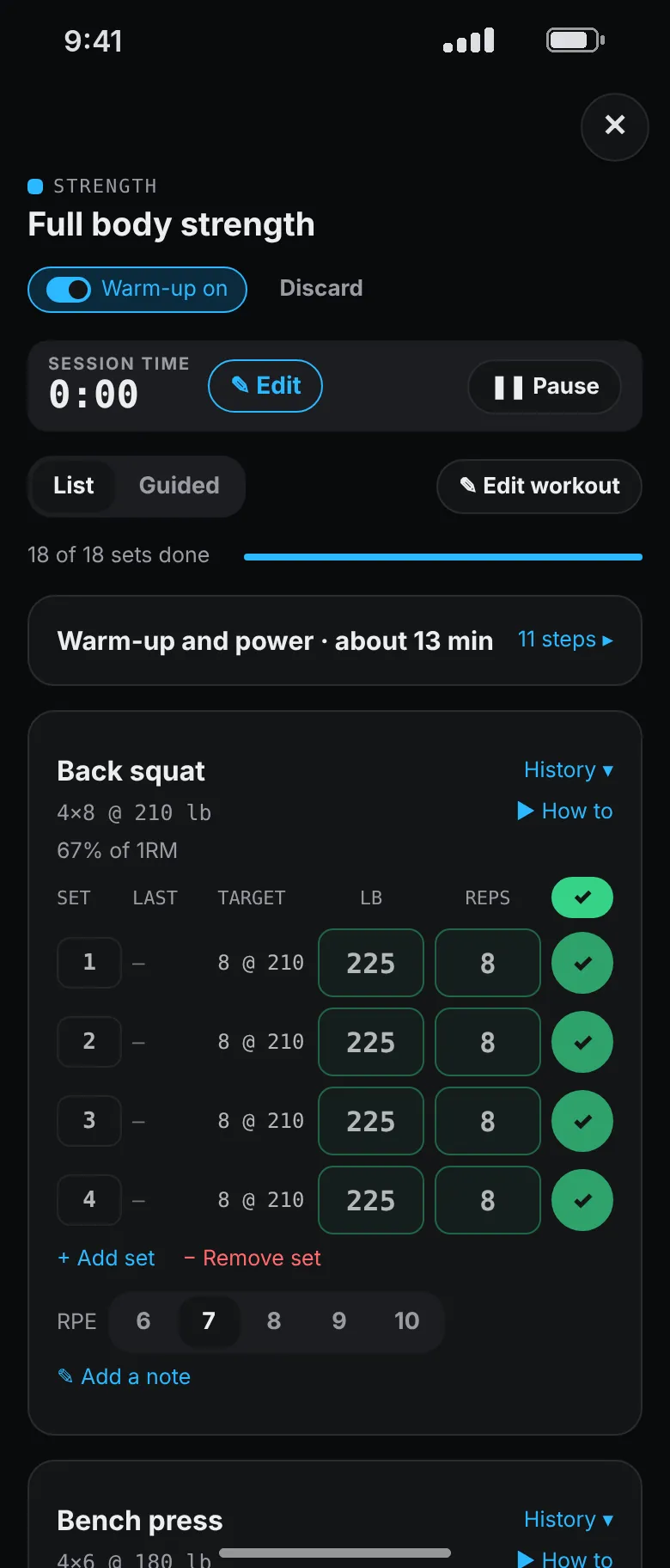 Set logging for a back squat: four sets of 8 at 225 pounds, all ticked, against a target of 210, with an effort rating of 7.