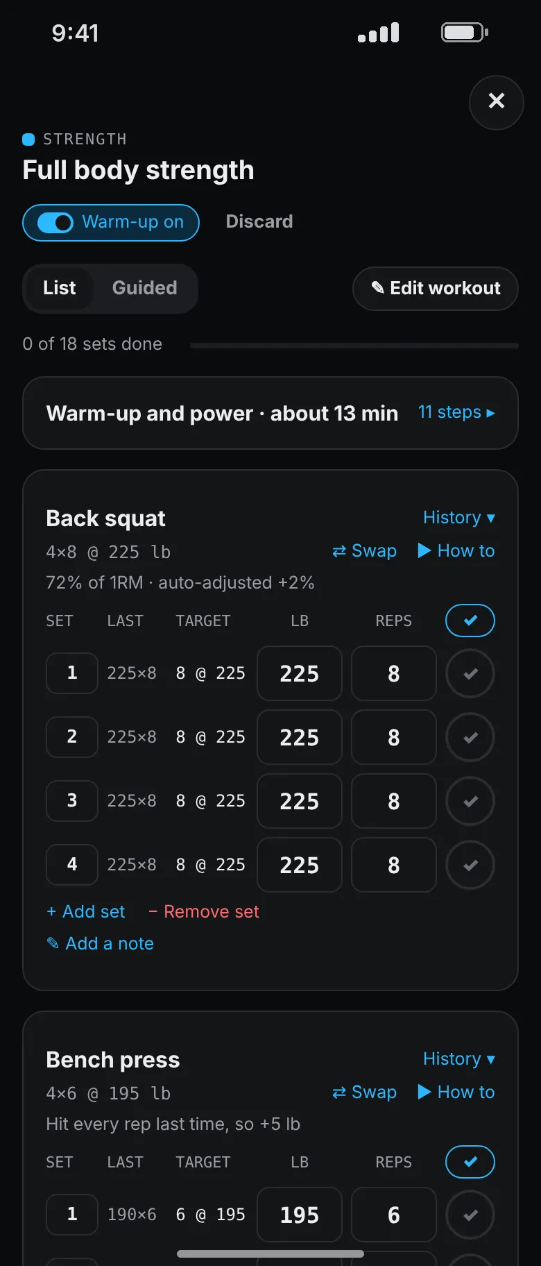The next squat day: back squat 4 sets of 8 at 225 pounds with last week’s 225 by 8 shown beside each set, and bench press at 195 pounds with the note hit every rep last time, so plus 5 pounds.