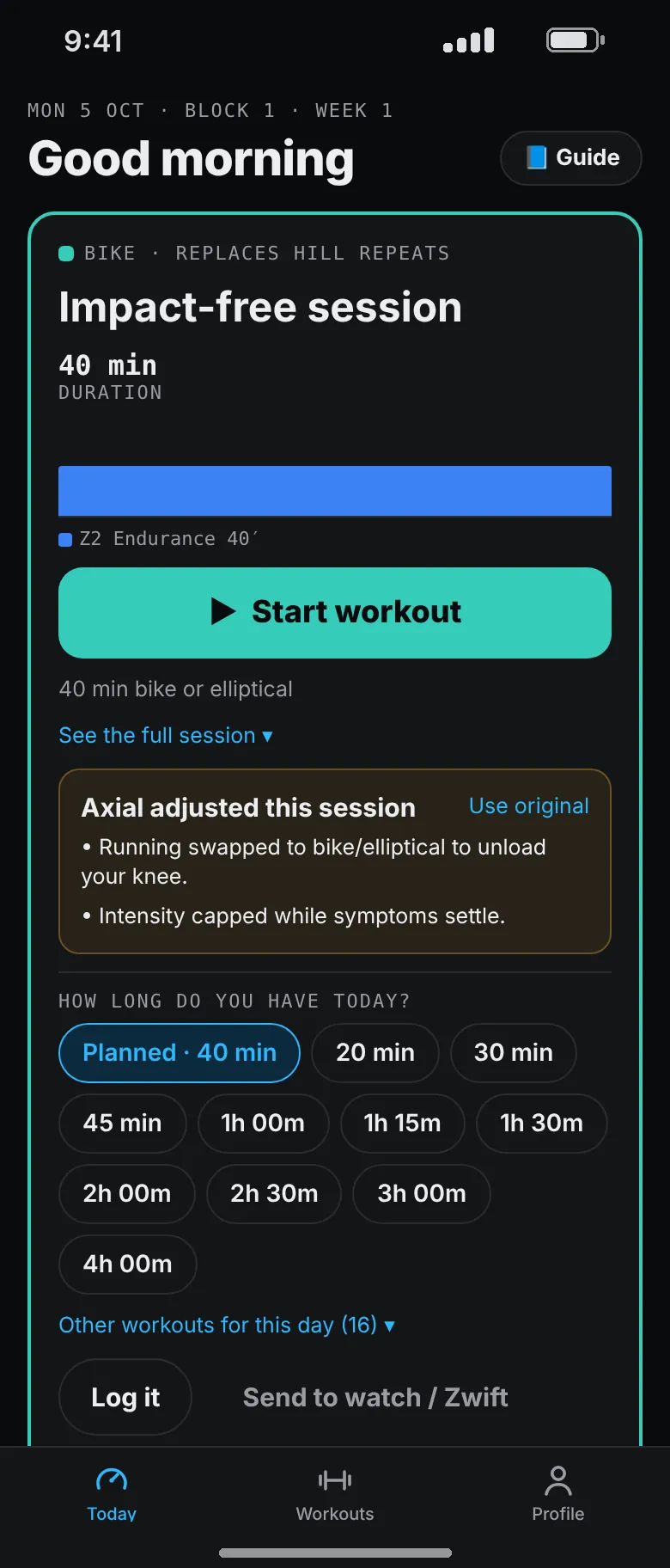 Today after reporting knee pain: an impact-free bike session replaces the hill repeats, with a note that running was swapped to bike or elliptical to unload the knee and intensity is capped.
