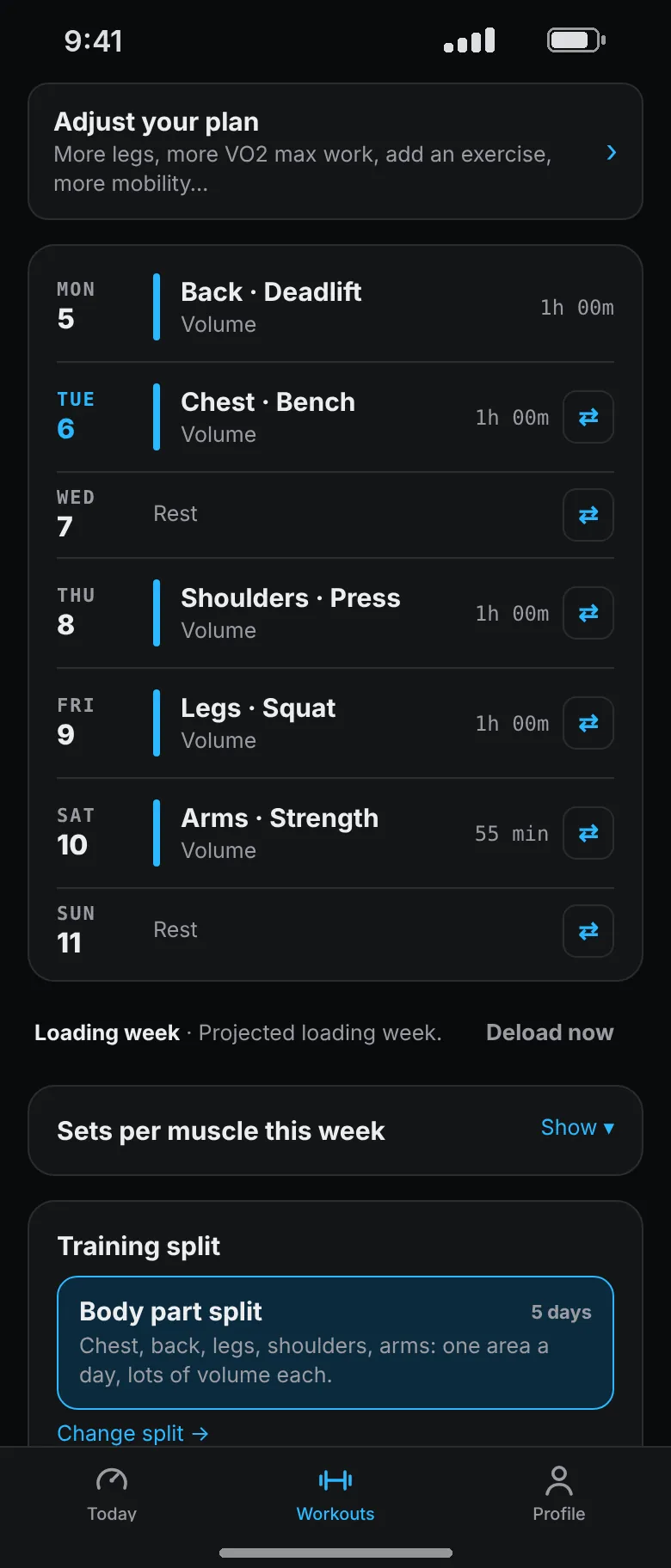 Week 1 rebuilt as back with deadlift, chest with bench, shoulders with press, legs with squat and arms, with the training split set to Body part split.