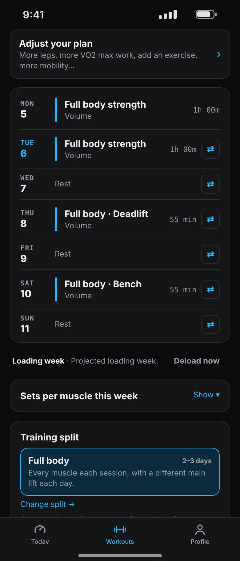 Week 1 rebuilt as four full body days: strength, strength, deadlift and bench, with the training split set to Full body.