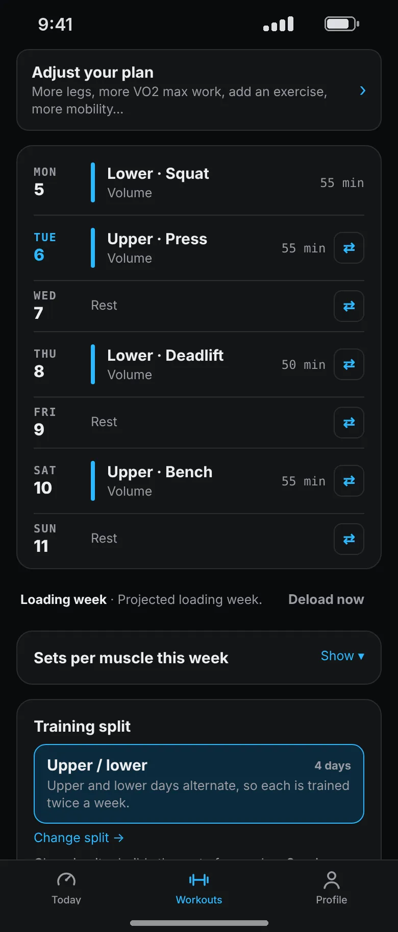 Week 1 rebuilt as lower squat, upper press, lower deadlift and upper bench, 3 hours 35 minutes, with the training split set to Upper / lower.