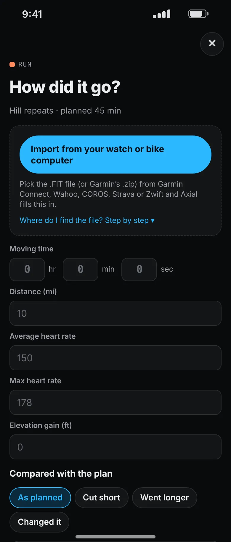 The log screen for a run, with an Import from your watch or bike computer button above time, distance and heart rate boxes.