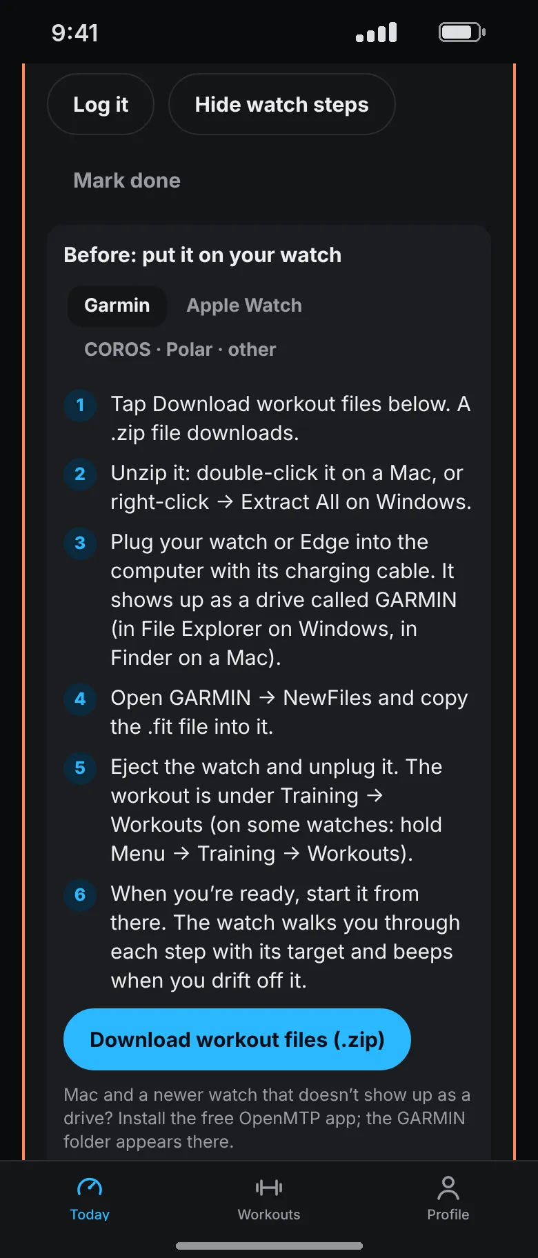 The Send to watch panel for a Garmin: six steps from downloading the workout file to starting it on the watch, and a Download workout files button.