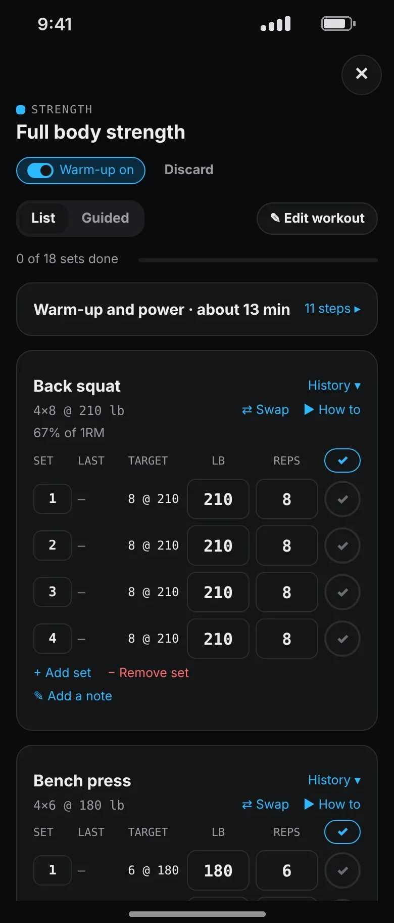 Set logging for a back squat, four sets of eight at 210 pounds, with weight and reps boxes and a tick for each set.