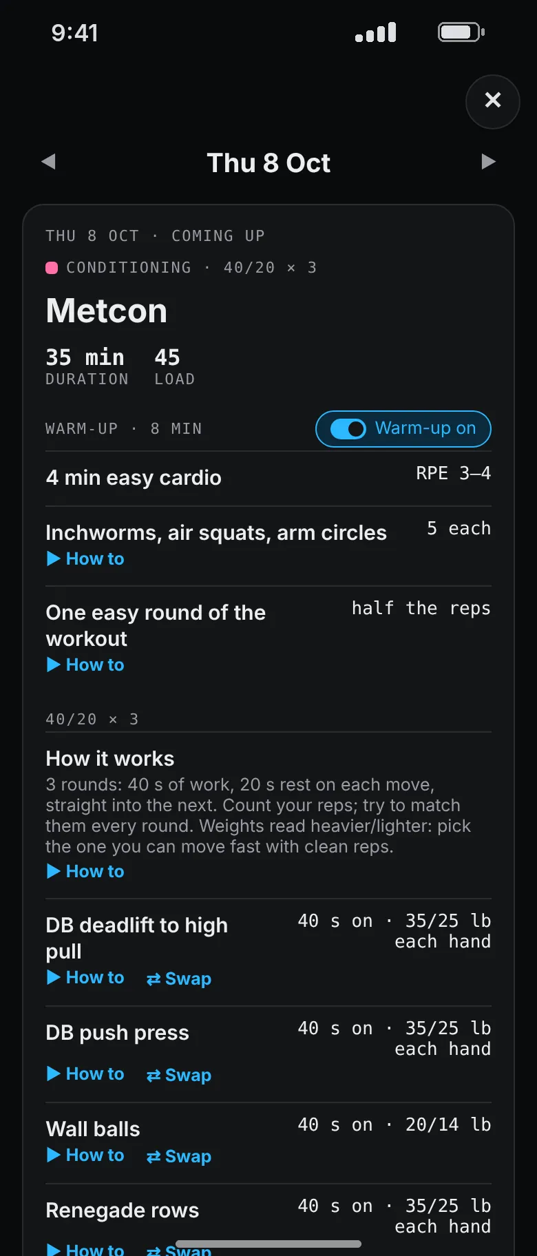 A metcon: three rounds of 40 seconds on and 20 off with dumbbell deadlift to high pull, push press, wall balls and renegade rows.