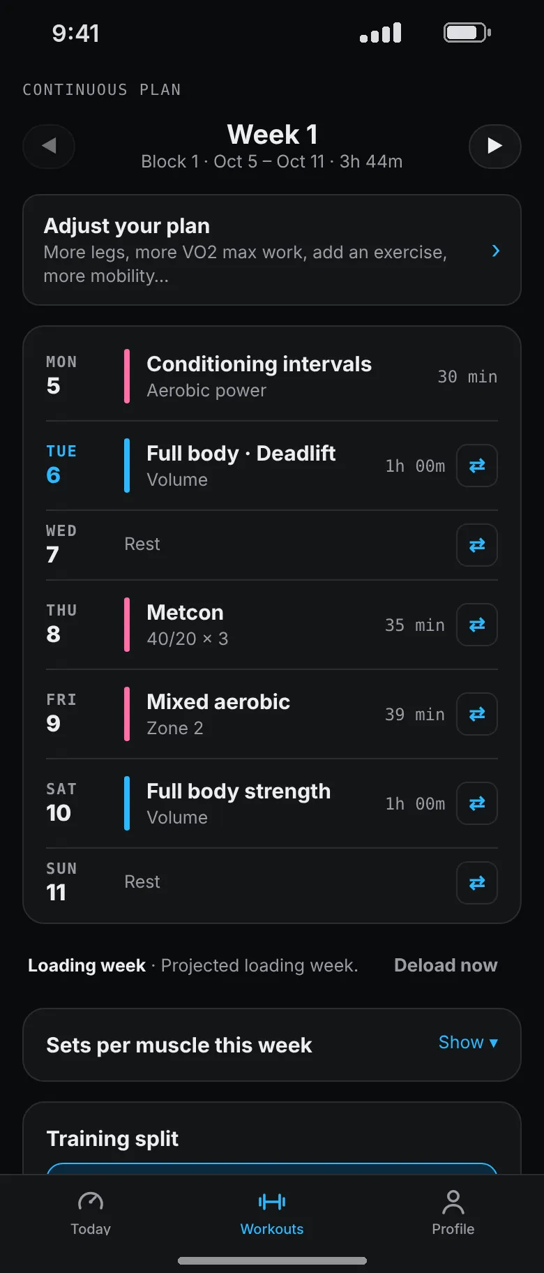 Week 1 of a conditioning plan: conditioning intervals, a deadlift day, a metcon, mixed aerobic work and a full body strength day, with rest on Wednesday and Sunday.