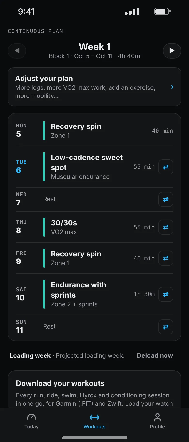 Week 1 of a cycling plan: recovery spin, low-cadence sweet spot, 30/30s, another recovery spin and an endurance ride with sprints, with rest on Wednesday and Sunday.