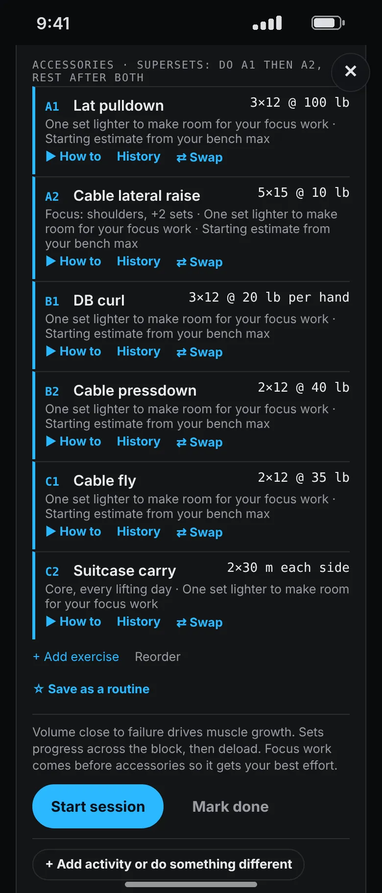The accessories of an upper day as supersets: lat pulldown with cable lateral raise, dumbbell curl with pressdown, cable fly with suitcase carry, each with a starting load, and a note that the shoulder exercise has two extra sets as a focus area.