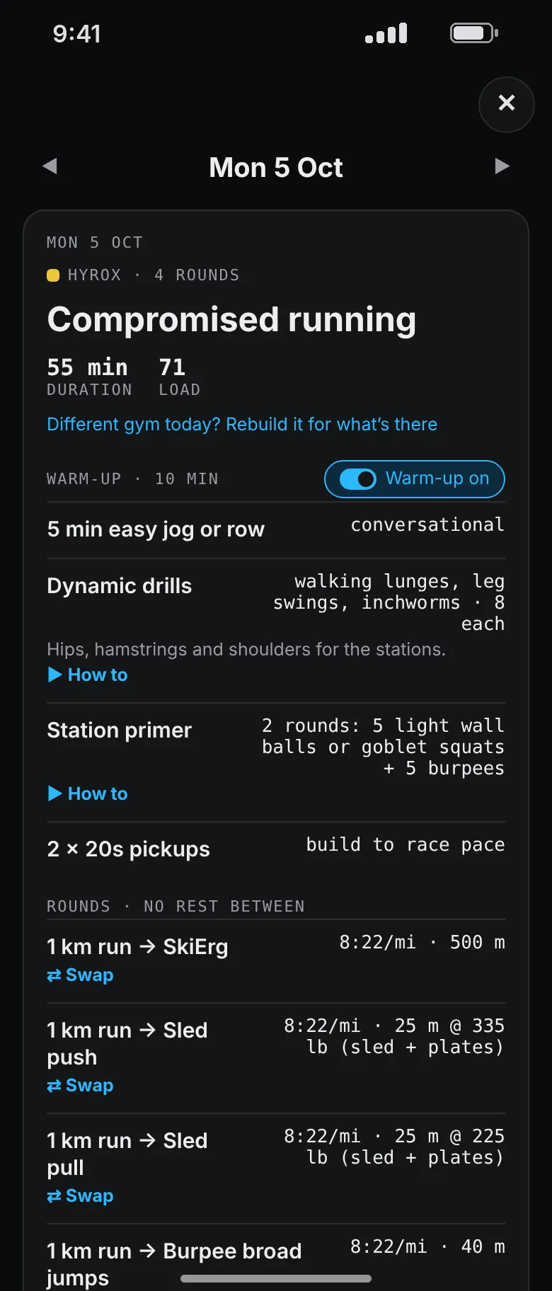 A compromised running session: warm-up, a station primer, then rounds of a 1 km run into the SkiErg, sled push at 335 pounds and sled pull at 225 pounds.