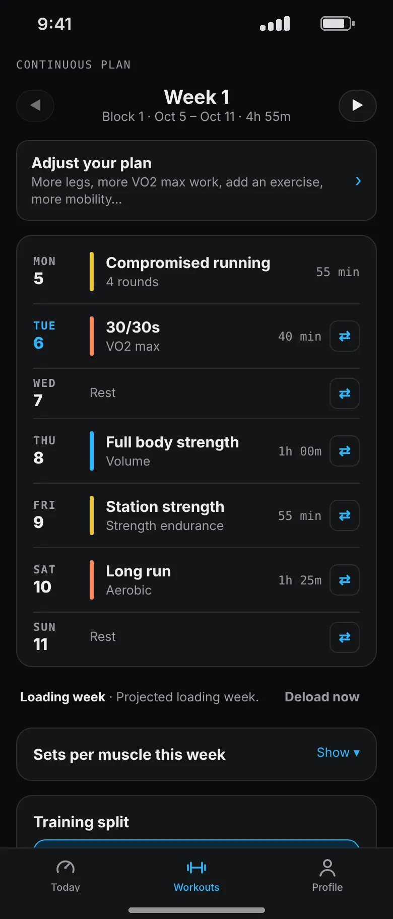 Week 1 of a Hyrox plan: compromised running, 30/30s, full body strength, station strength and a long run, with rest on Wednesday and Sunday.