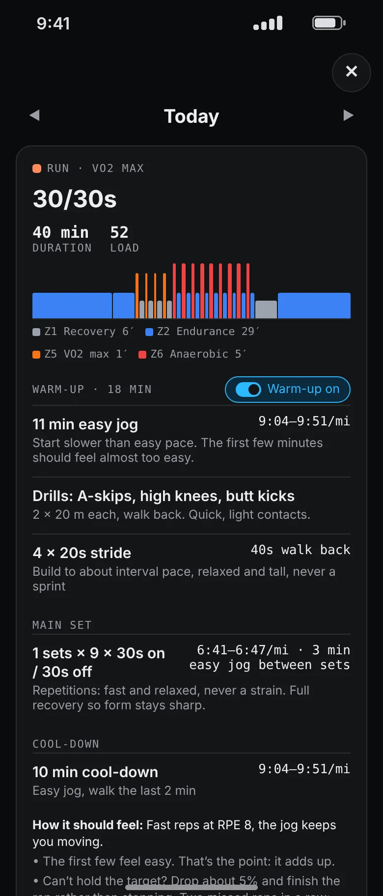 A 30/30s run: a zone chart, a warm-up with strides, a main set of nine 30-second efforts at 6:41 to 6:47 a mile, and a cool-down.