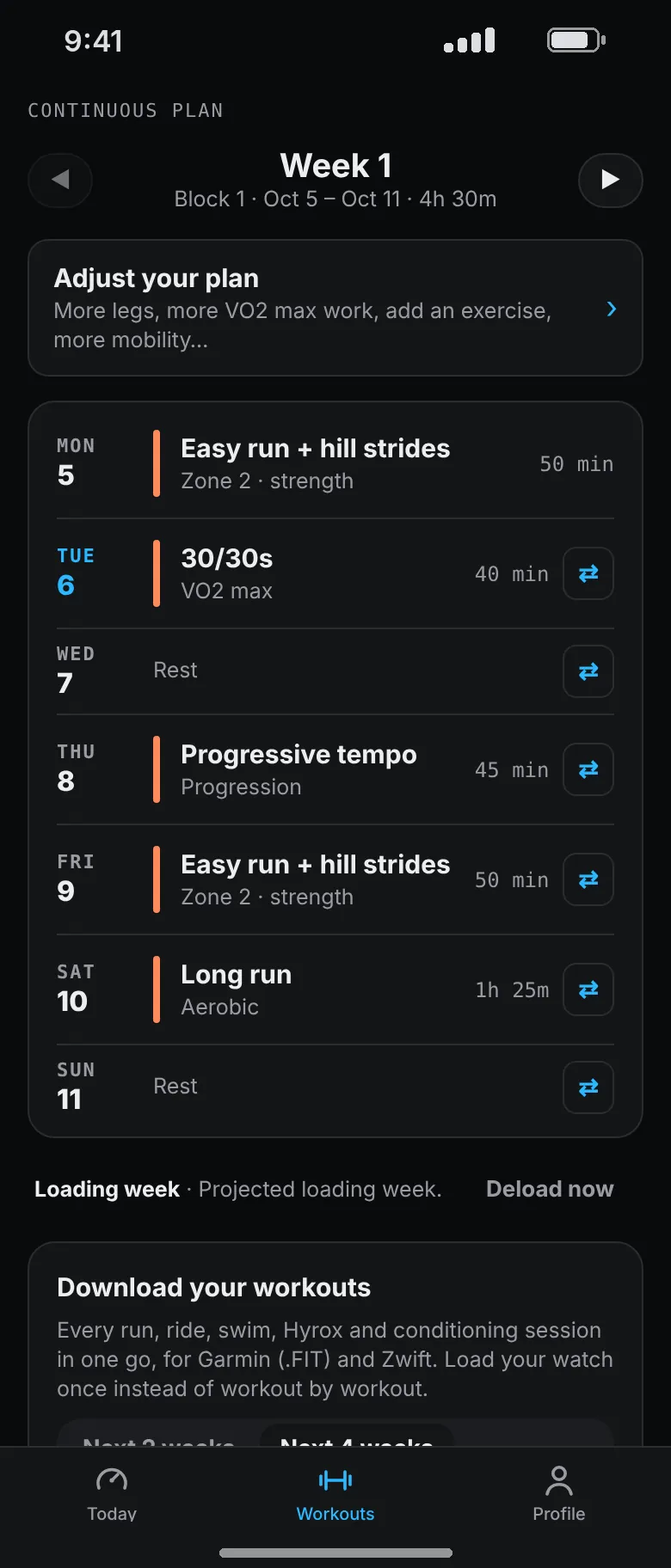Week 1 of a running plan: easy run with hill strides, 30/30s, progressive tempo, another easy run and a long run, with rest on Wednesday and Sunday.