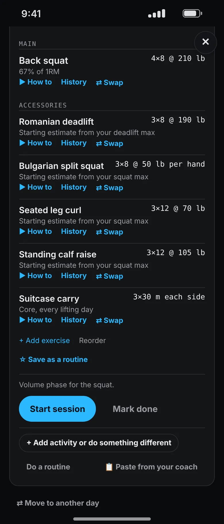 The main set of a squat day: back squat, 4 sets of 8 at 210 pounds and 67% of the athlete’s max, then Romanian deadlifts, split squats, leg curls, calf raises and carries.