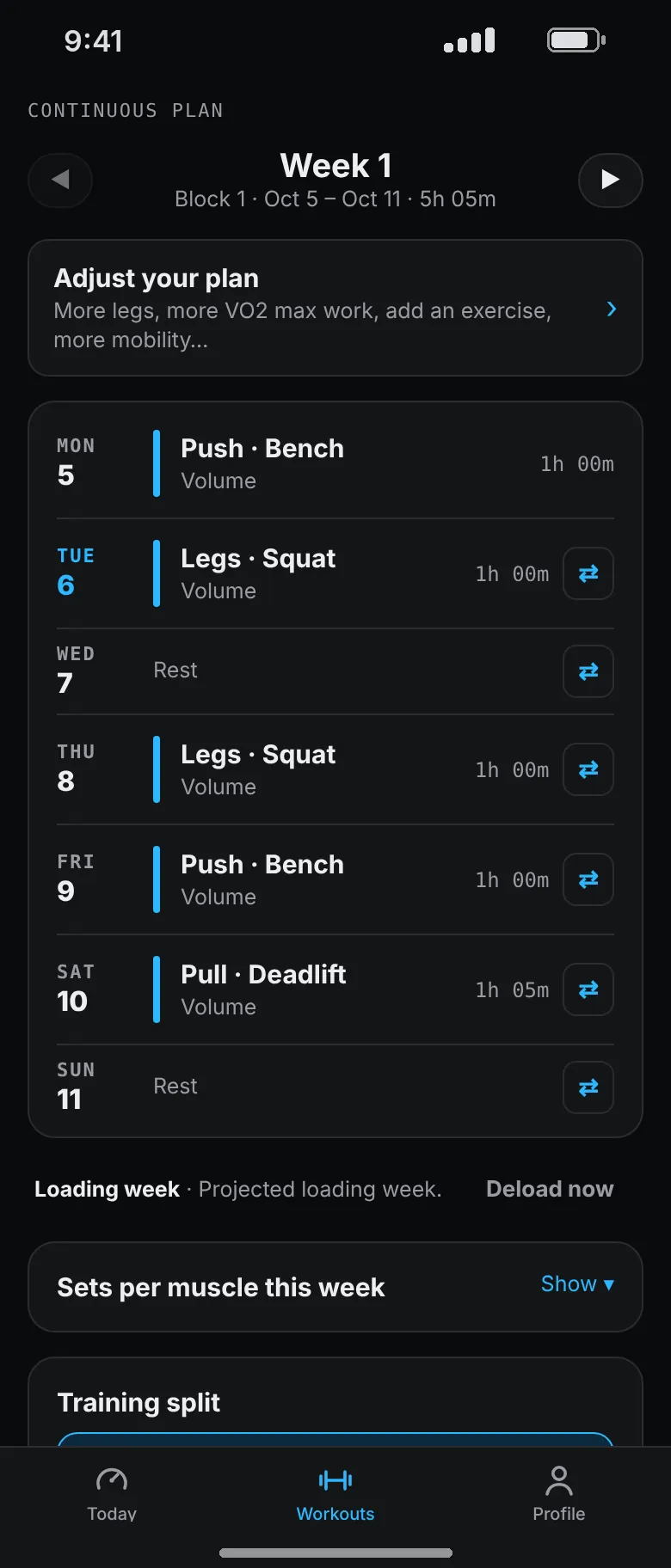 Week 1 of a strength plan: Push · Bench, Legs · Squat, Legs · Squat, Push · Bench and Pull · Deadlift, with rest on Wednesday and Sunday.