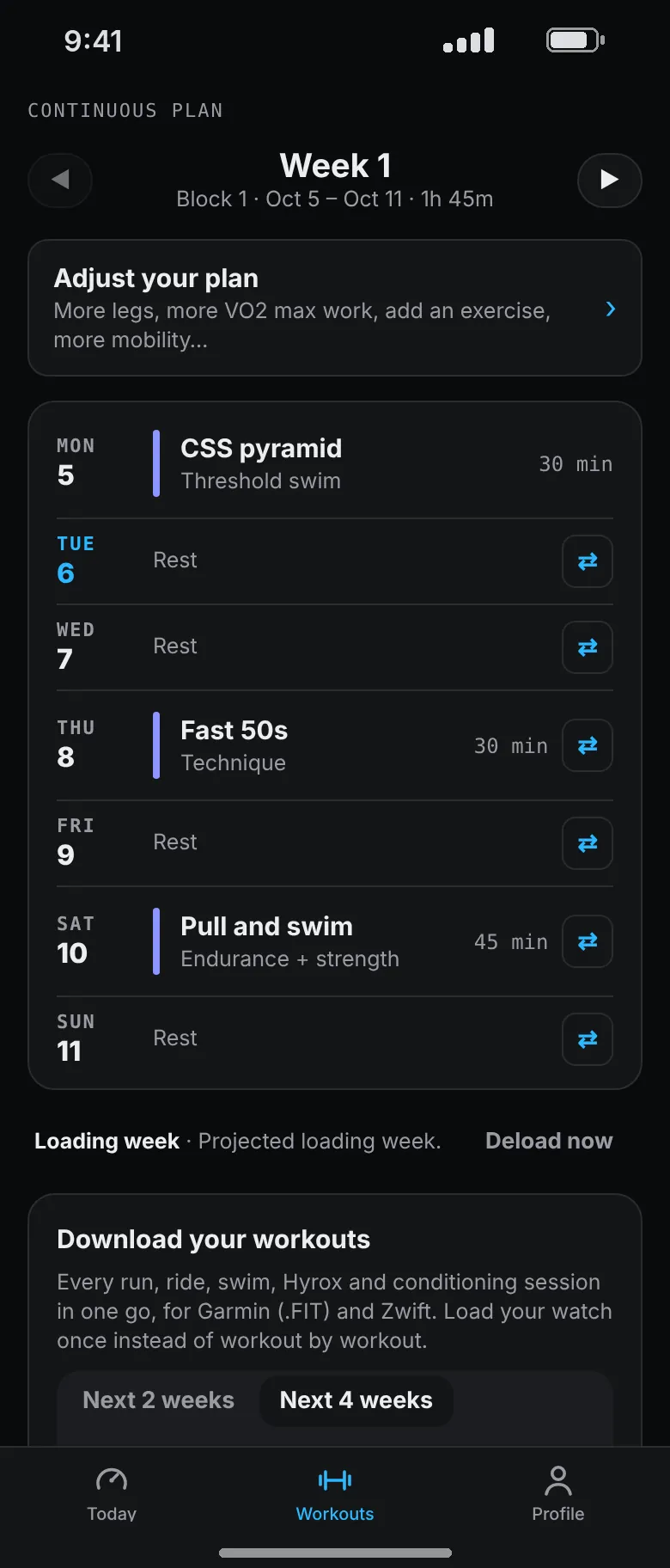 Week 1 of a swimming plan: a CSS pyramid on Monday, fast 50s on Thursday and a pull and swim set on Saturday, with rest on the other days.