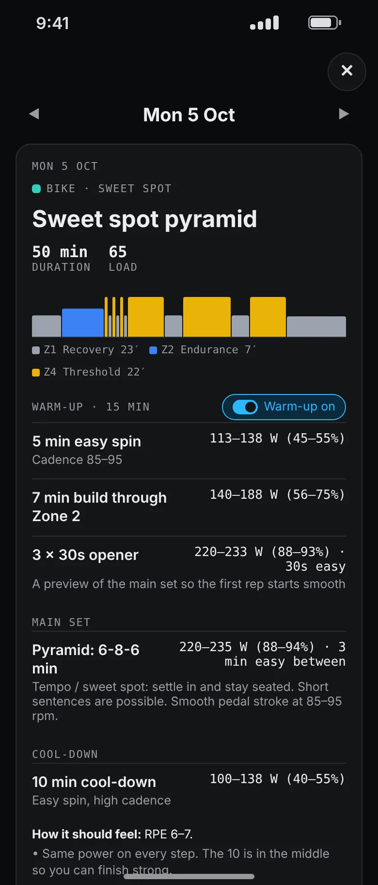 A sweet spot pyramid ride: a zone chart, a warm-up, a 6-8-6 minute pyramid at 220 to 235 watts and a cool-down.